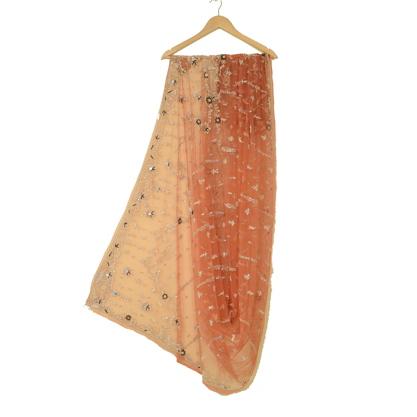 Sanskriti Vintage Orange Dupatta Net Mesh Handmade Zardozi Scarves/Stole