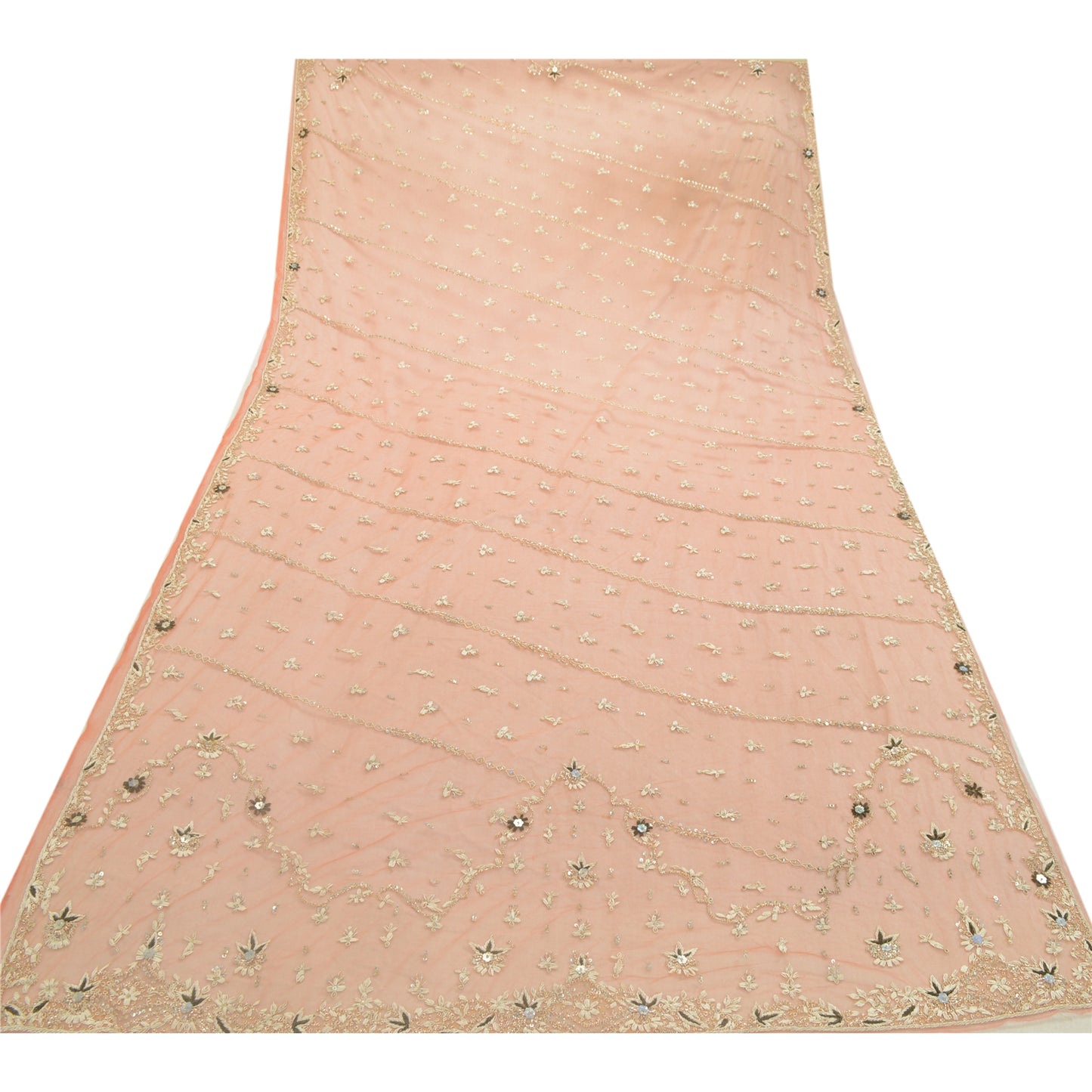 Sanskriti Vintage Orange Dupatta Net Mesh Handmade Zardozi Scarves/Stole