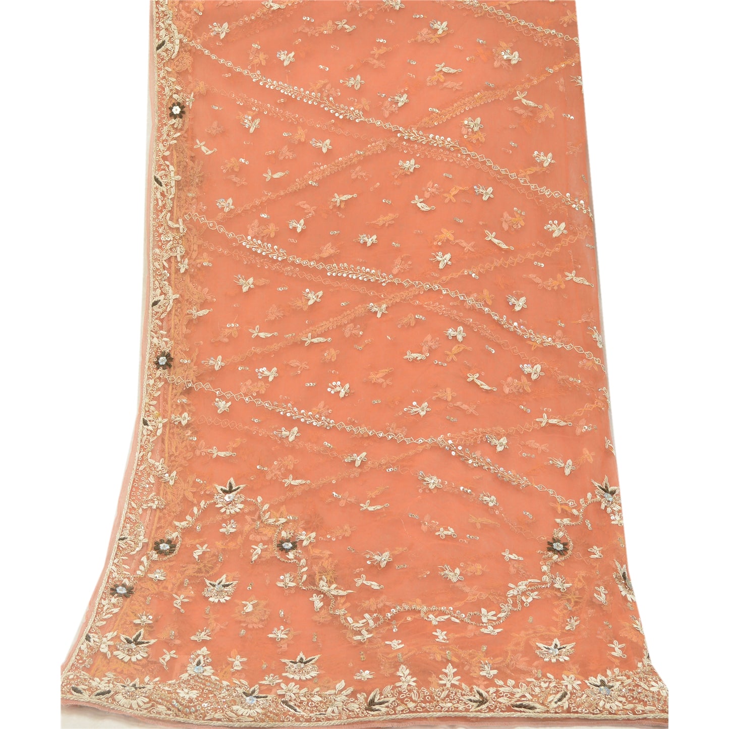 Sanskriti Vintage Orange Dupatta Net Mesh Handmade Zardozi Scarves/Stole