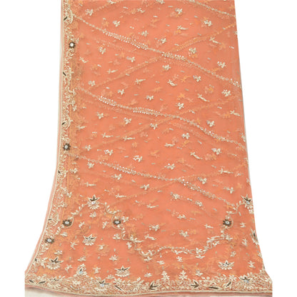 Sanskriti Vintage Orange Dupatta Net Mesh Handmade Zardozi Scarves/Stole