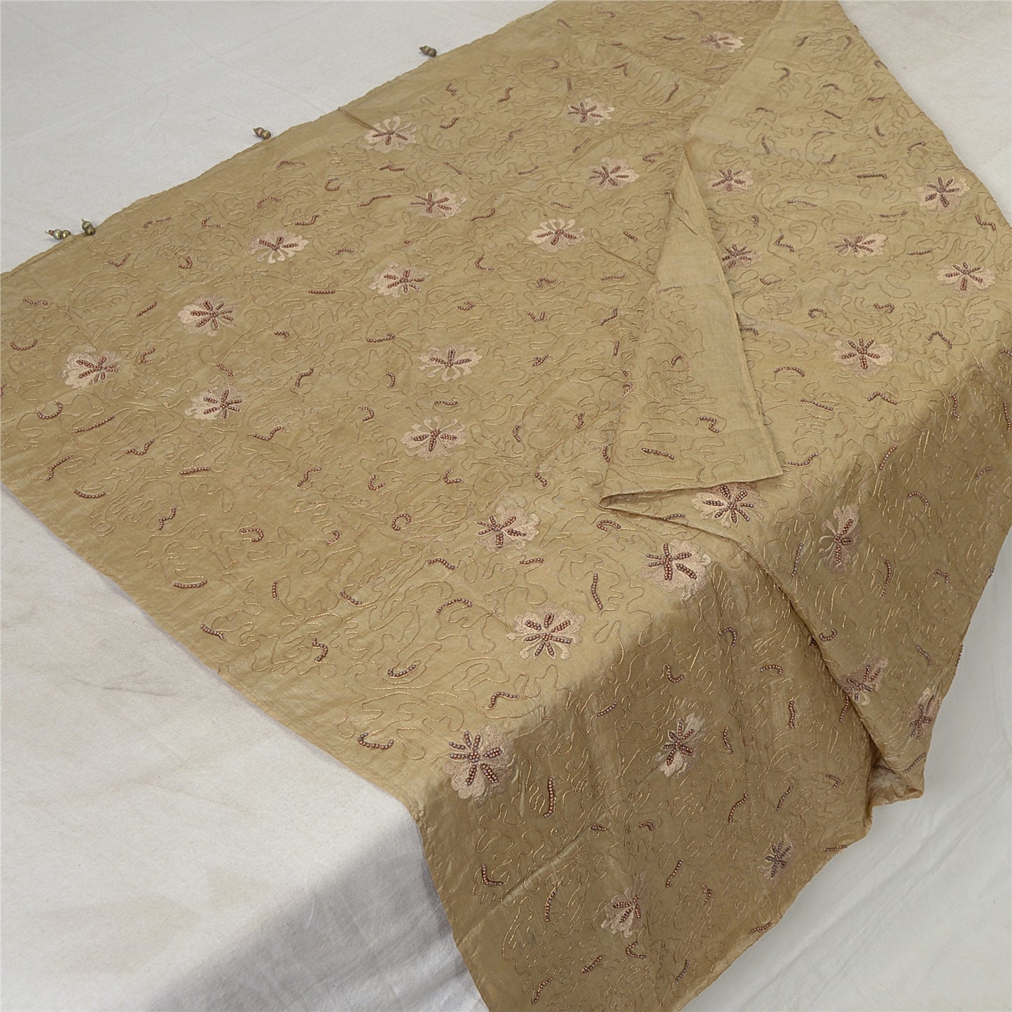 Sanskriti Indian Vintage Cream Bollywood Dupatta Pure Silk Hand Beade Stole Veil