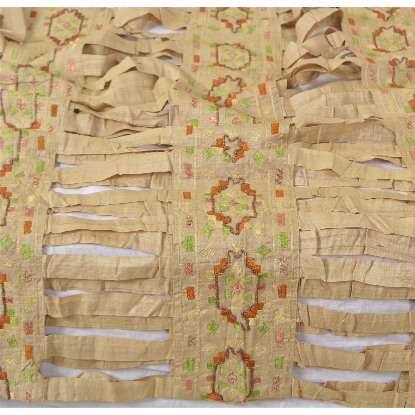 Sanskriti Vintage Cream Indian Dupatta Hand Beaded Cotton Silk Cut Work Stole