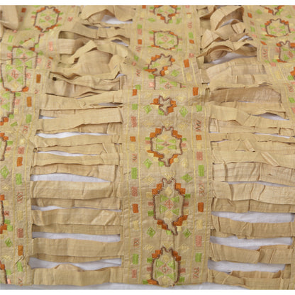 Sanskriti Vintage Cream Indian Dupatta Hand Beaded Cotton Silk Cut Work Stole