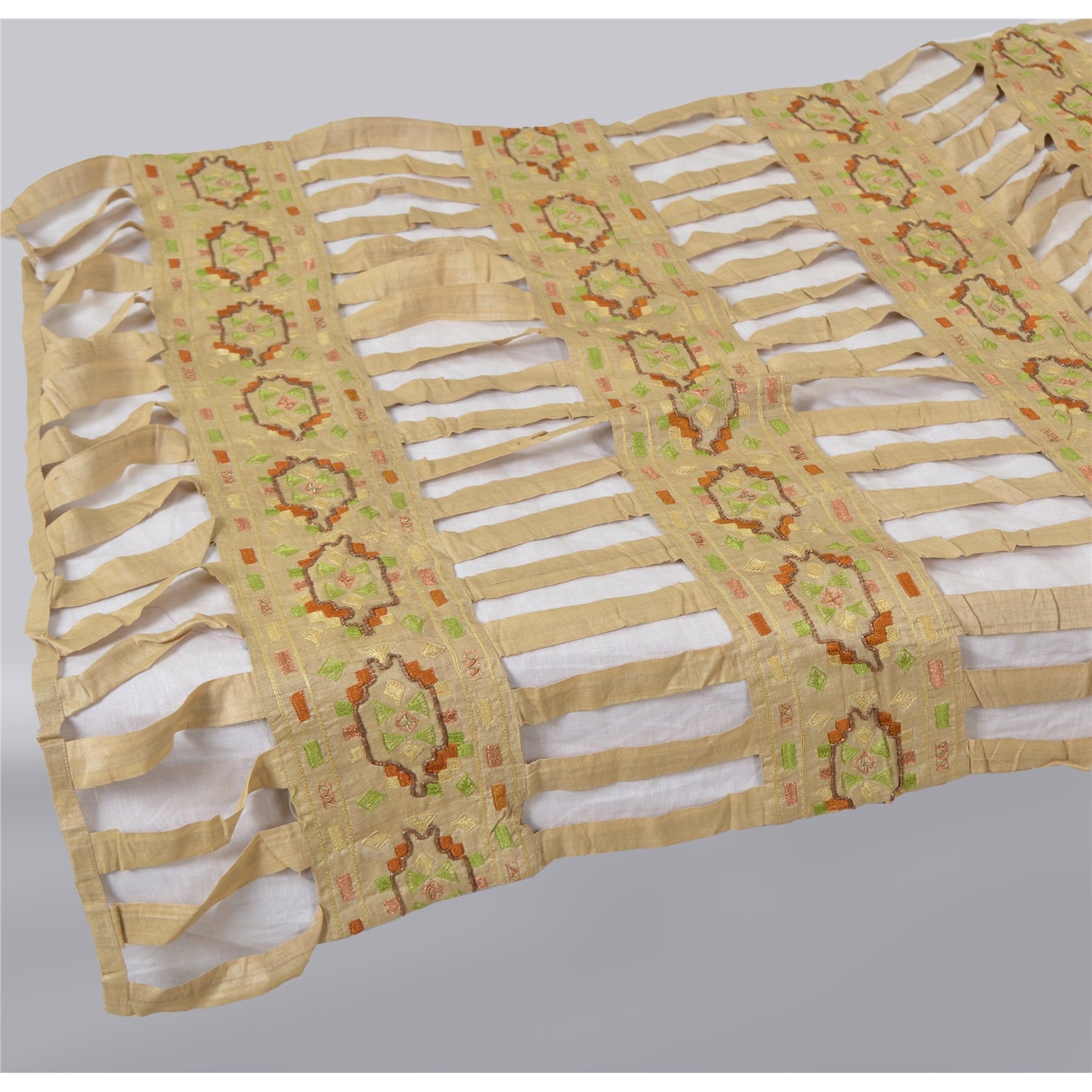 Sanskriti Vintage Cream Indian Dupatta Hand Beaded Cotton Silk Cut Work Stole