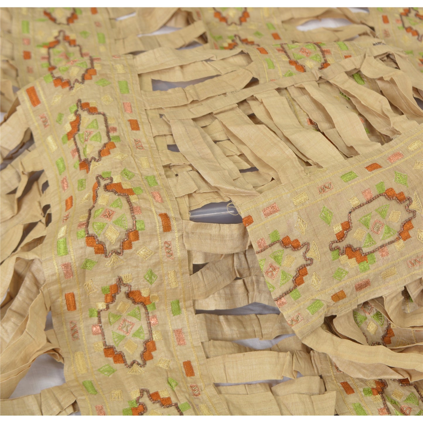 Sanskriti Vintage Cream Indian Dupatta Hand Beaded Cotton Silk Cut Work Stole