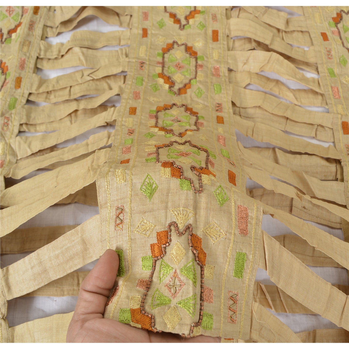 Sanskriti Vintage Cream Indian Dupatta Hand Beaded Cotton Silk Cut Work Stole