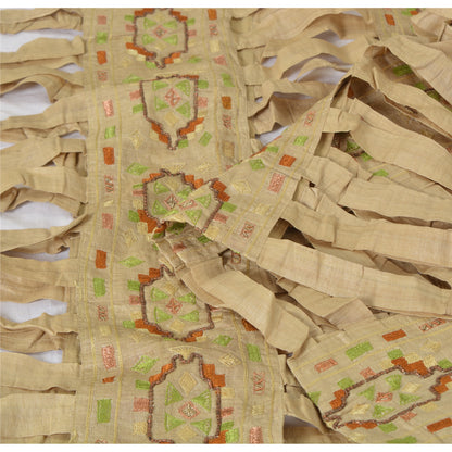 Sanskriti Vintage Cream Indian Dupatta Hand Beaded Cotton Silk Cut Work Stole