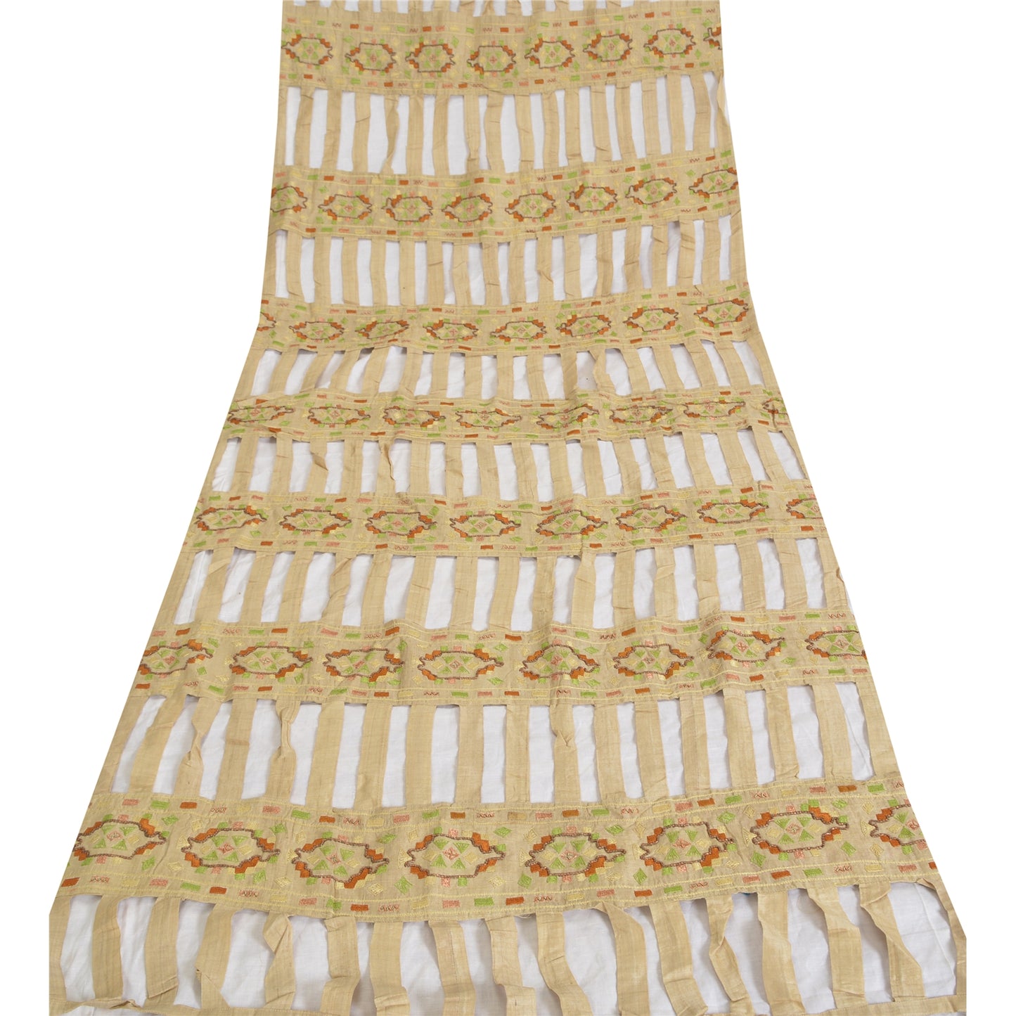 Sanskriti Vintage Cream Indian Dupatta Hand Beaded Cotton Silk Cut Work Stole