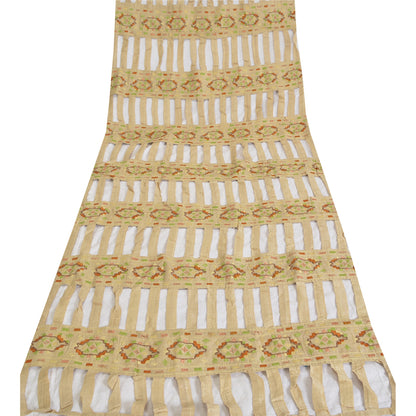 Sanskriti Vintage Cream Indian Dupatta Hand Beaded Cotton Silk Cut Work Stole