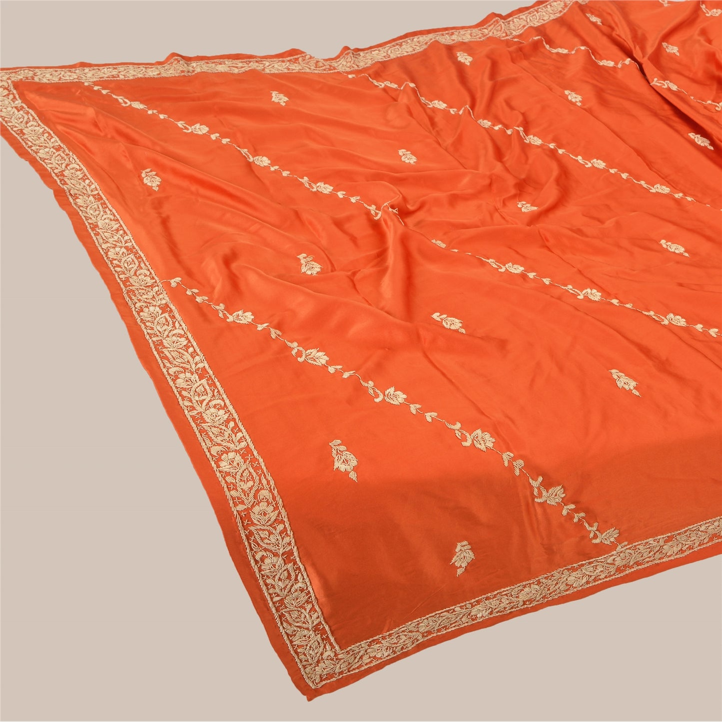 Sanskriti Vintage Indian Dupatta Pure Satin Zardozi Orange Hand Embroidery Stole