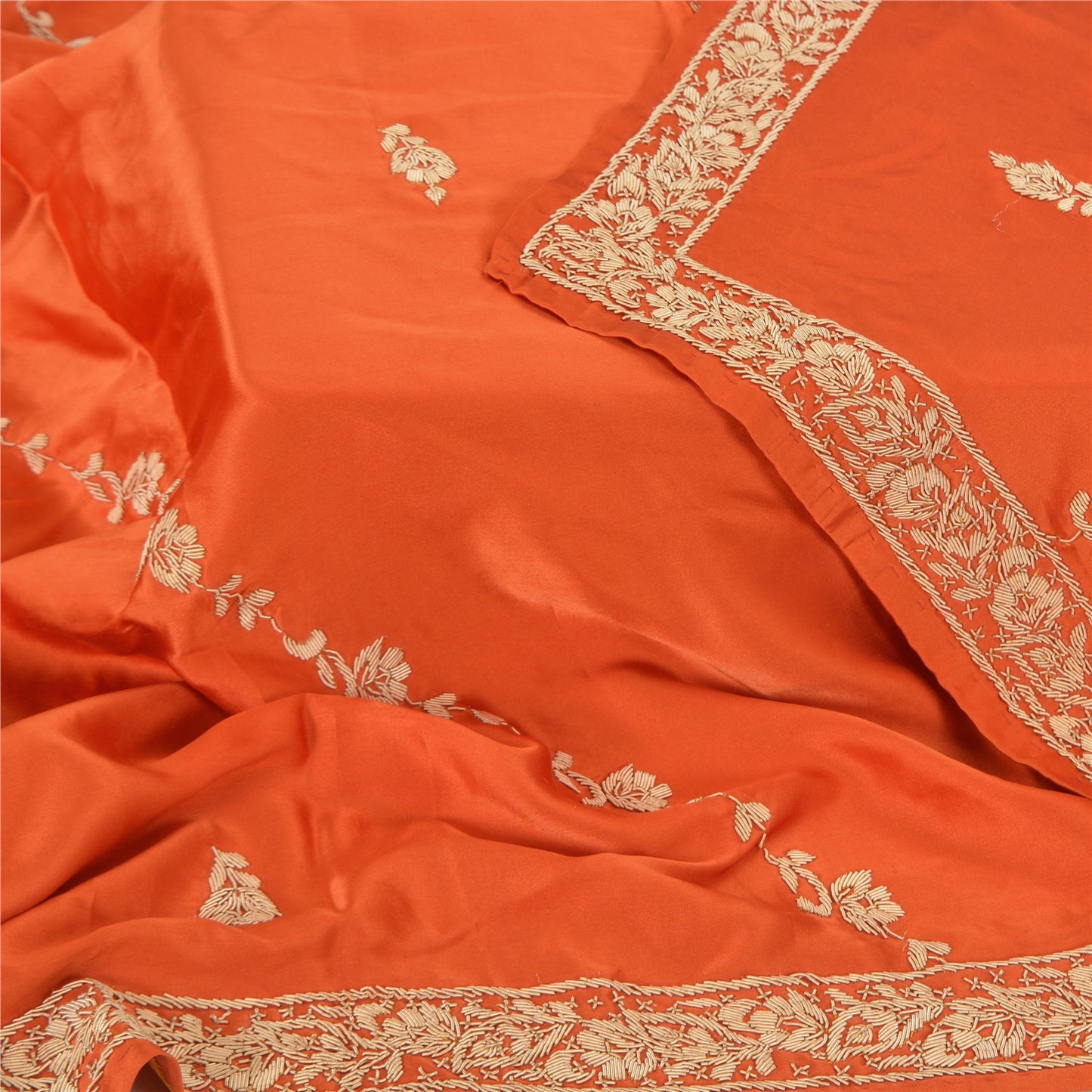 Sanskriti Vintage Indian Dupatta Pure Satin Zardozi Orange Hand Embroidery Stole