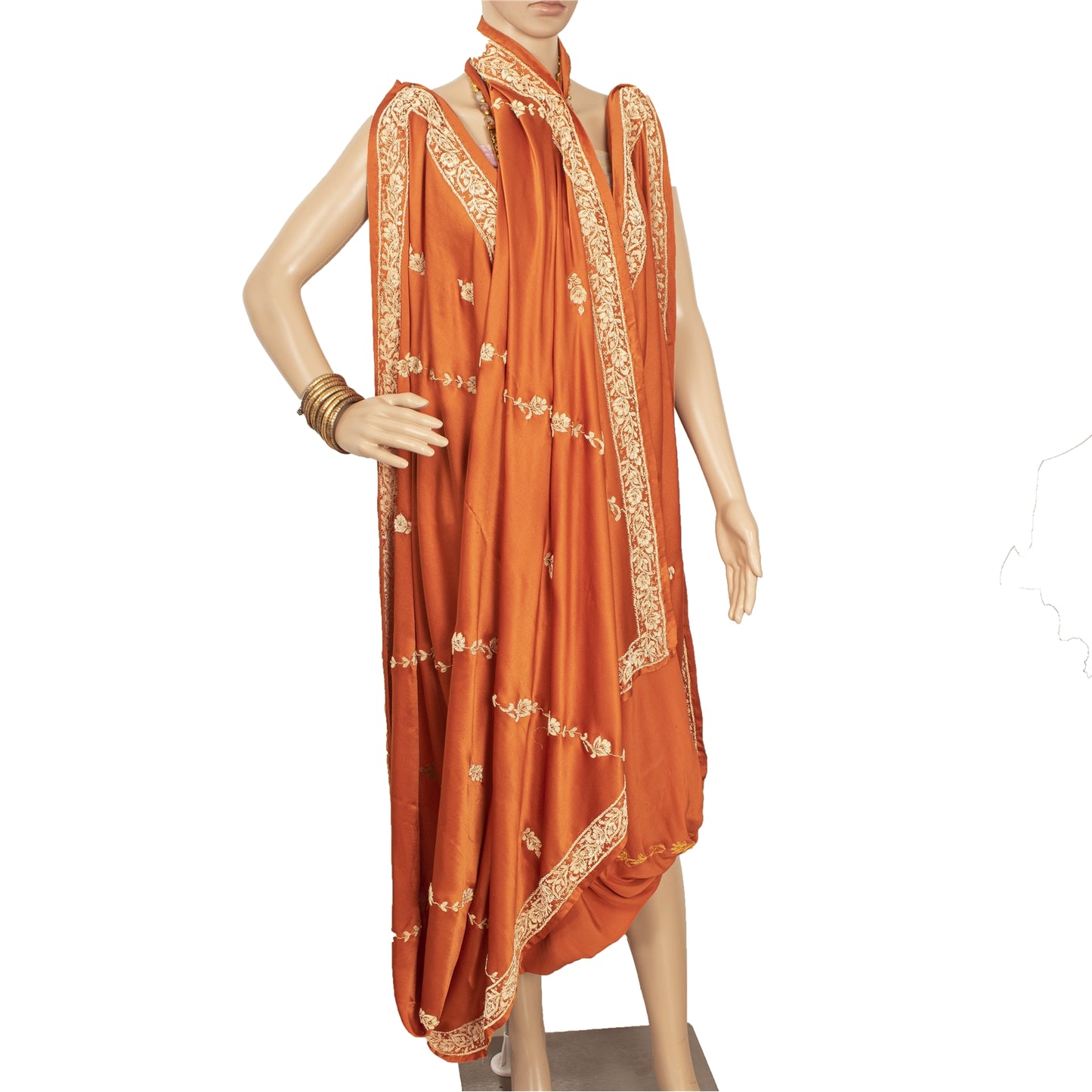 Sanskriti Vintage Indian Dupatta Pure Satin Zardozi Orange Hand Embroidery Stole