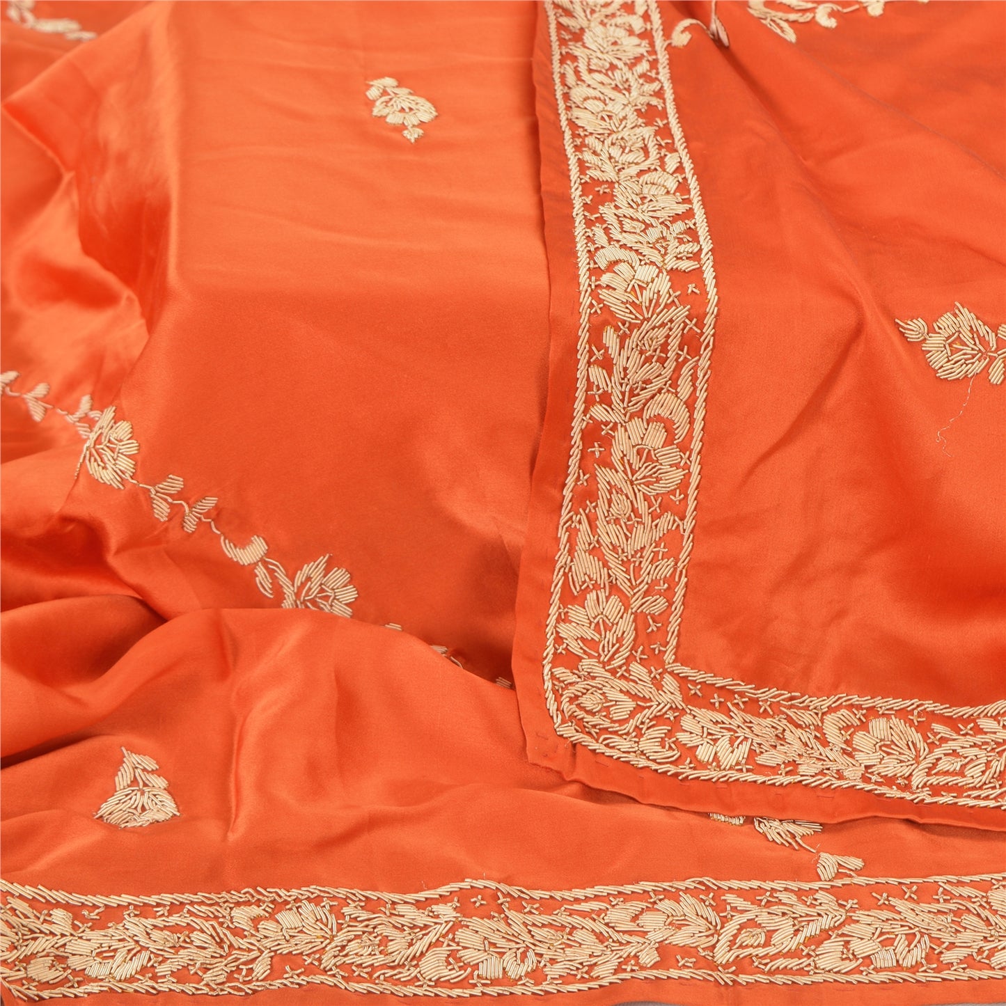Sanskriti Vintage Indian Dupatta Pure Satin Zardozi Orange Hand Embroidery Stole