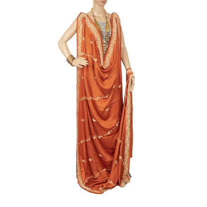 Sanskriti Vintage Indian Dupatta Pure Satin Zardozi Orange Hand Embroidery Stole