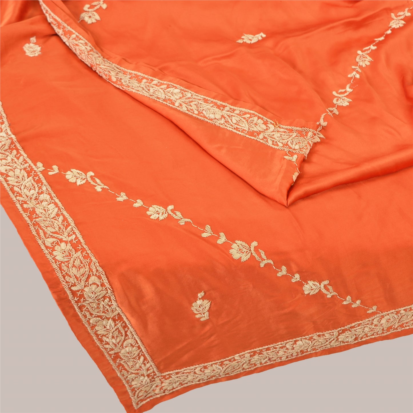 Sanskriti Vintage Indian Dupatta Pure Satin Zardozi Orange Hand Embroidery Stole