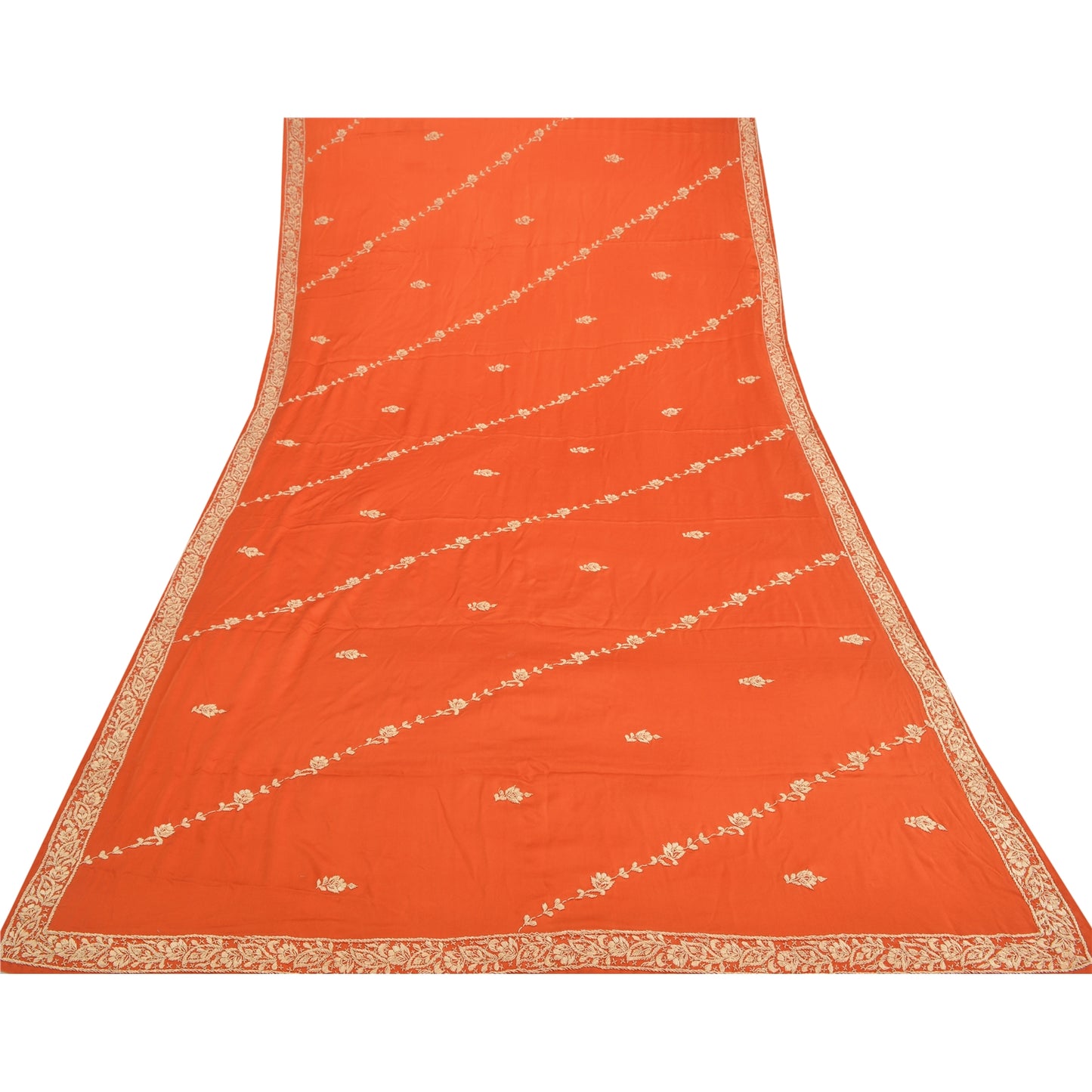 Sanskriti Vintage Indian Dupatta Pure Satin Zardozi Orange Hand Embroidery Stole