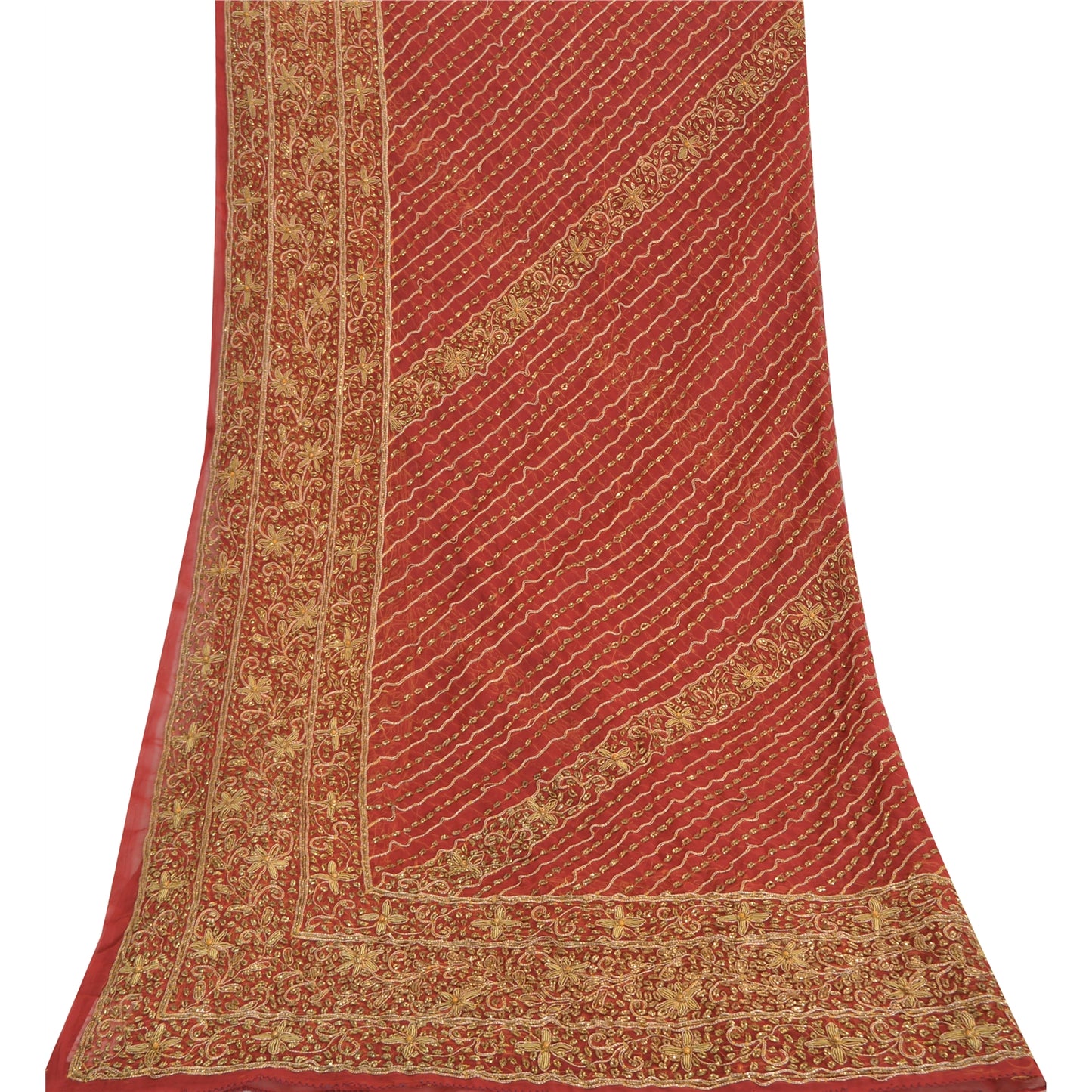 Sanskriti Vintage Indian Dupatta 100% Pure Georgette Silk Red Hand Beaded Stole