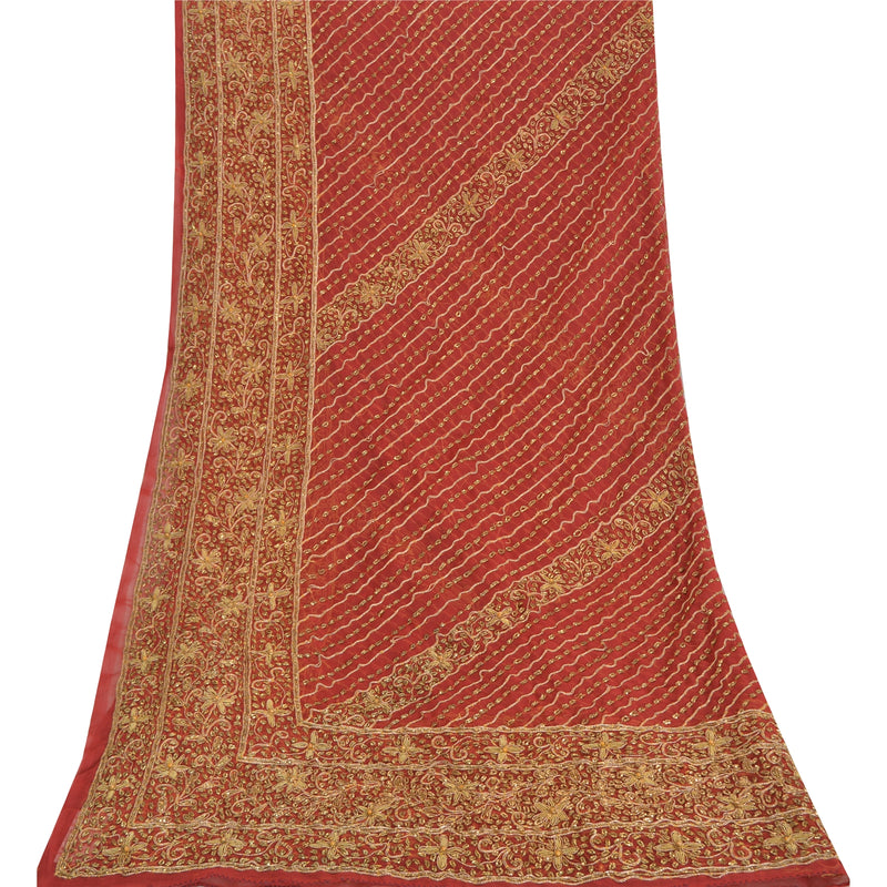 Sanskriti Vintage Dupatta Red Pure Georgette Silk Red Hand Beaded Zardozi Dabka Stole Home Decor, Sewing, Upcycling, DIY Project, Crafting