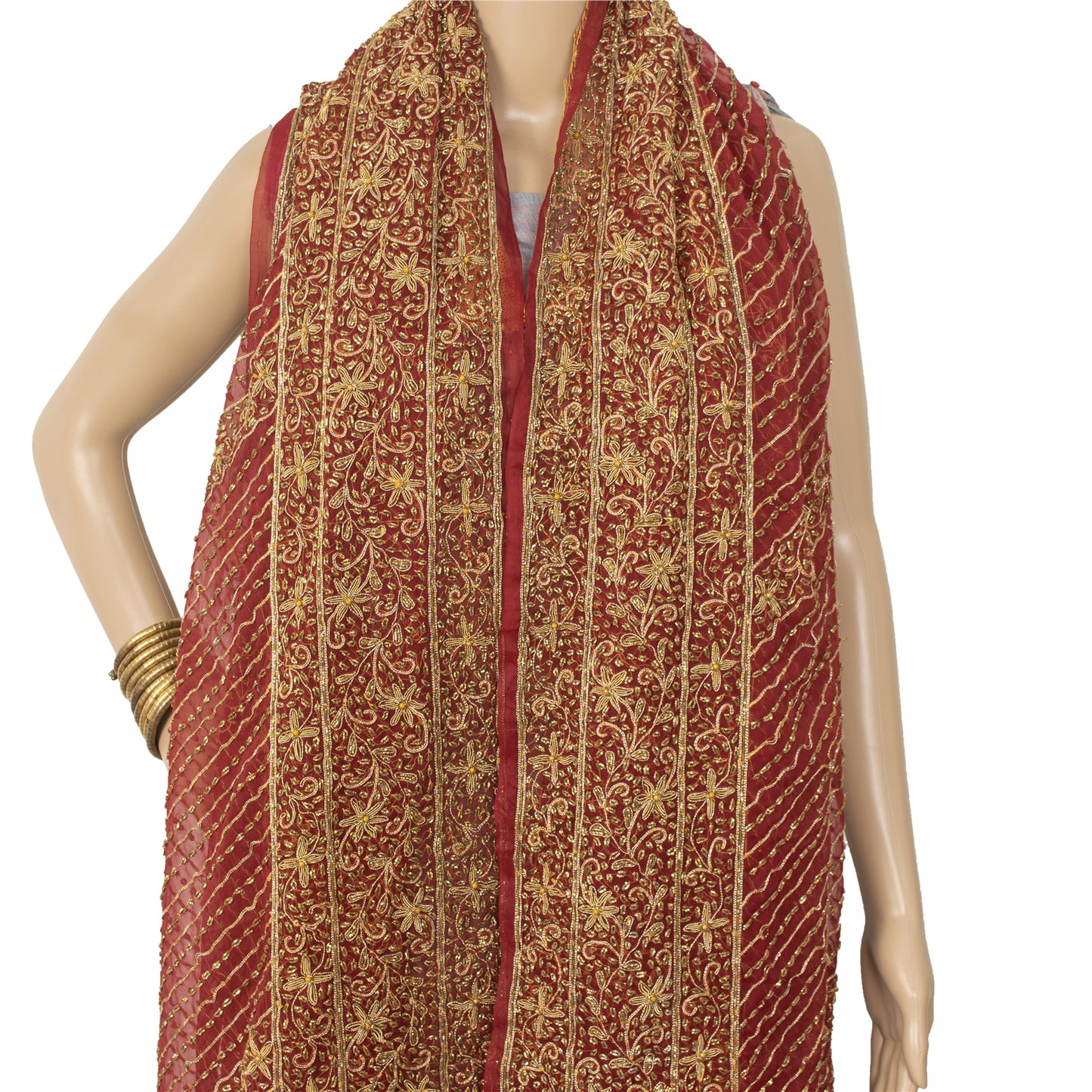 Sanskriti Vintage Indian Dupatta 100% Pure Georgette Silk Red Hand Beaded Stole