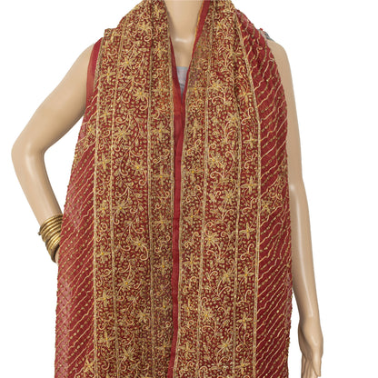 Sanskriti Vintage Indian Dupatta 100% Pure Georgette Silk Red Hand Beaded Stole