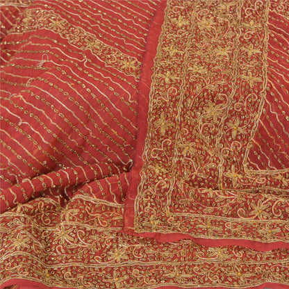 Sanskriti Vintage Indian Dupatta 100% Pure Georgette Silk Red Hand Beaded Stole