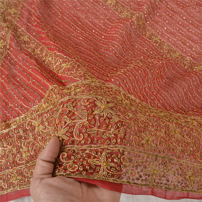 Sanskriti Vintage Indian Dupatta 100% Pure Georgette Silk Red Hand Beaded Stole