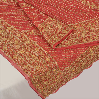 Sanskriti Vintage Indian Dupatta 100% Pure Georgette Silk Red Hand Beaded Stole