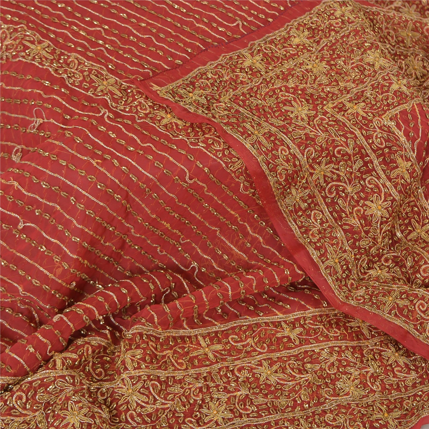 Sanskriti Vintage Indian Dupatta 100% Pure Georgette Silk Red Hand Beaded Stole