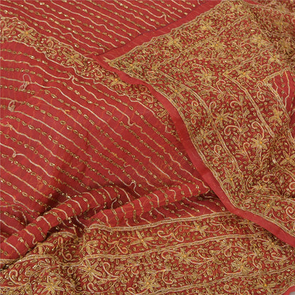 Sanskriti Vintage Indian Dupatta 100% Pure Georgette Silk Red Hand Beaded Stole