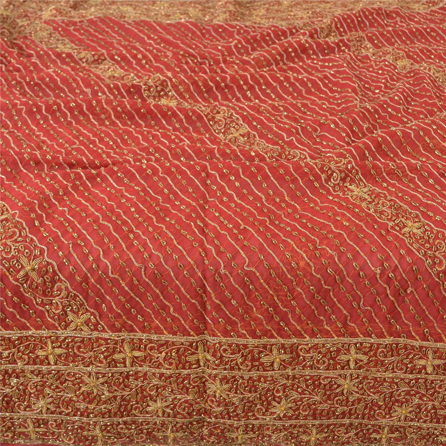 Sanskriti Vintage Indian Dupatta 100% Pure Georgette Silk Red Hand Beaded Stole