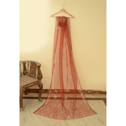 Sanskriti Vintage Dark Red Dupatta Net Mesh Hand Beaded Zardozi Party Stole
