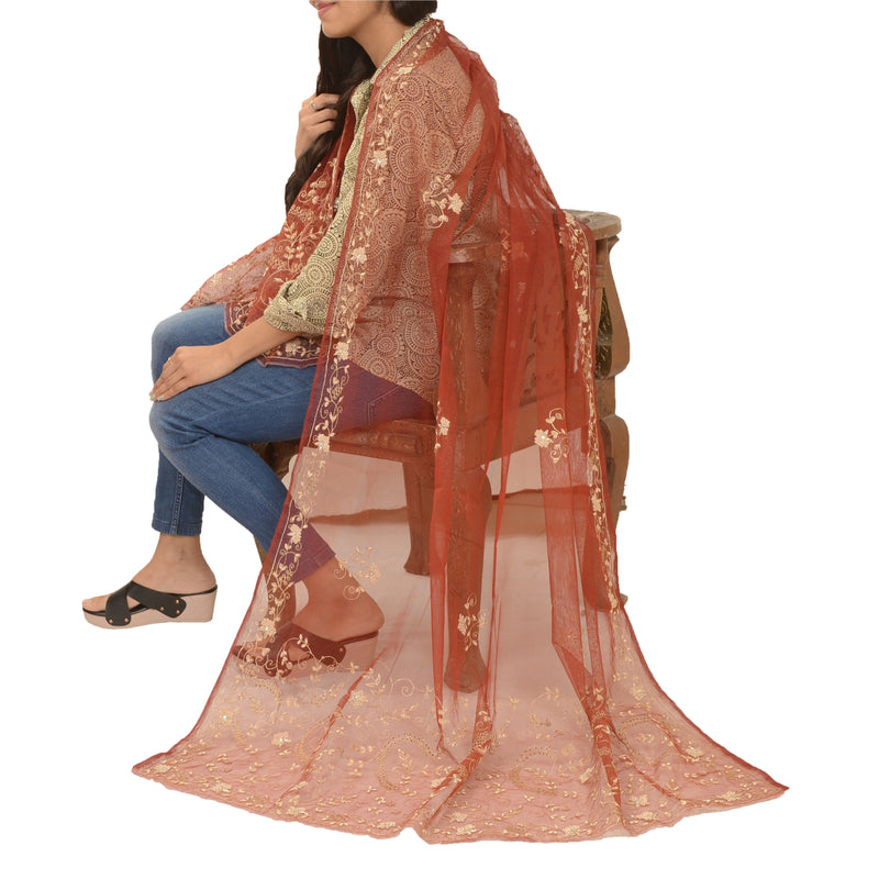 Sanskriti Vintage Dark Red Net Mesh Dupatta Hand Beaded Zardozi Party Stole Home Decor, Sewing, Upcycling, DIY Projects, Craft Supplies