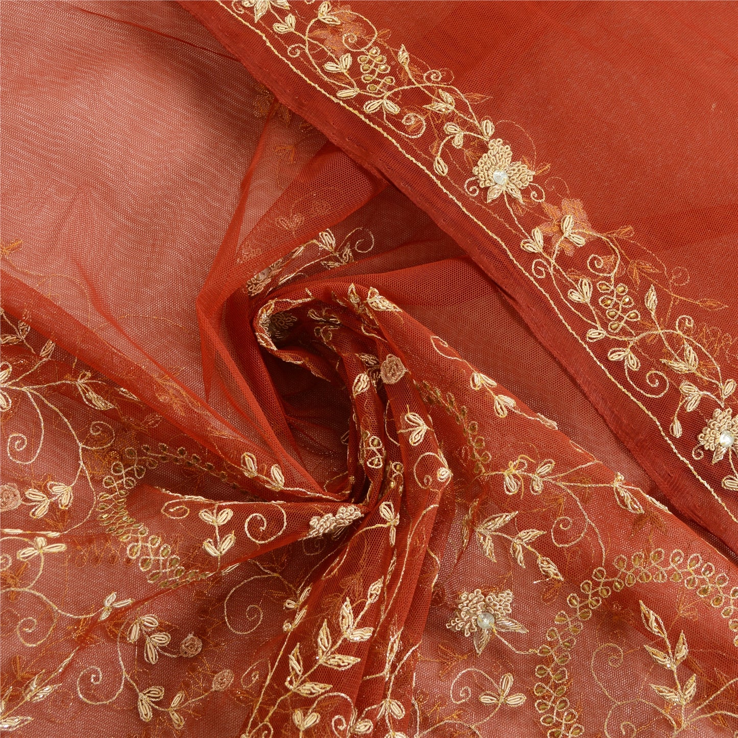 Sanskriti Vintage Dark Red Dupatta Net Mesh Hand Beaded Zardozi Party Stole