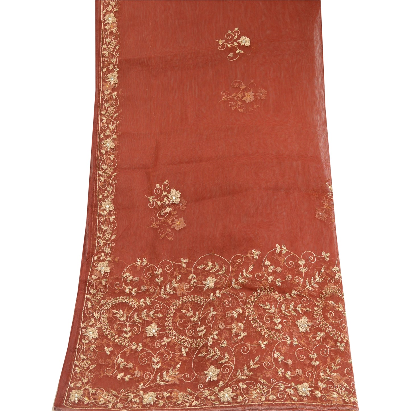 Sanskriti Vintage Dark Red Dupatta Net Mesh Hand Beaded Zardozi Party Stole