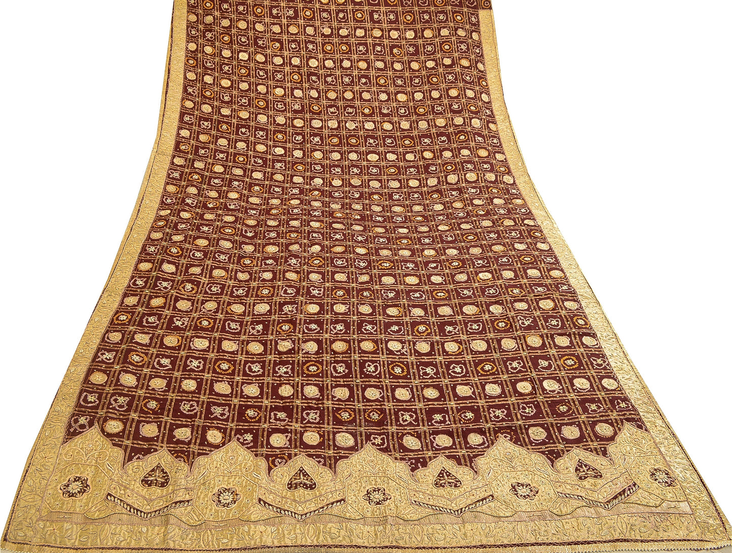 Sanskriti Vintage Red Dupatta Pure Cotton Hand Beaded Bandhani Zari Gujrat Stole