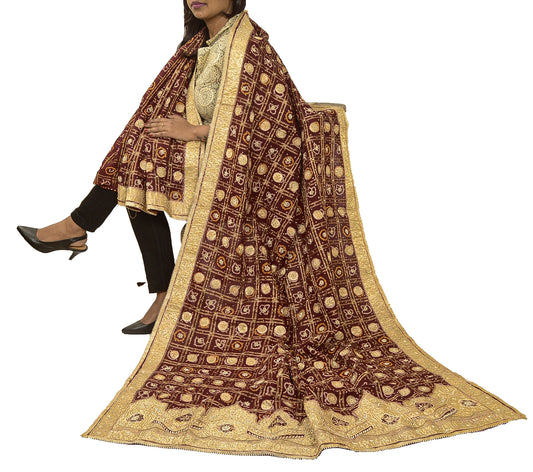 Sanskriti Vintage Red Dupatta Pure Cotton Hand Beaded Bandhani Zari Gujrat Stole