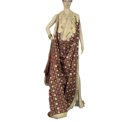 Sanskriti Vintage Red Dupatta Pure Cotton Hand Beaded Bandhani Zari Gujrat Stole