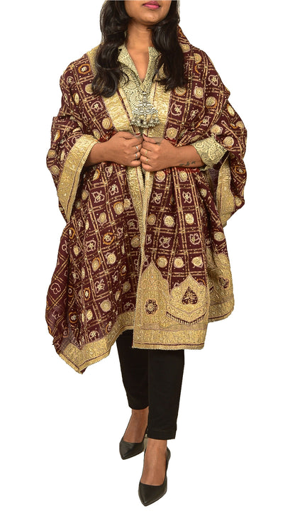 Sanskriti Vintage Red Dupatta Pure Cotton Hand Beaded Bandhani Zari Gujrat Stole