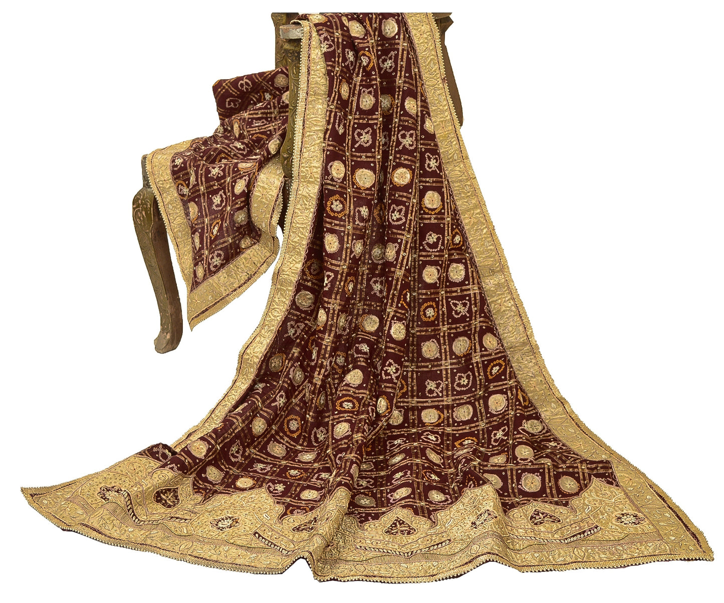 Sanskriti Vintage Red Dupatta Pure Cotton Hand Beaded Bandhani Zari Gujrat Stole