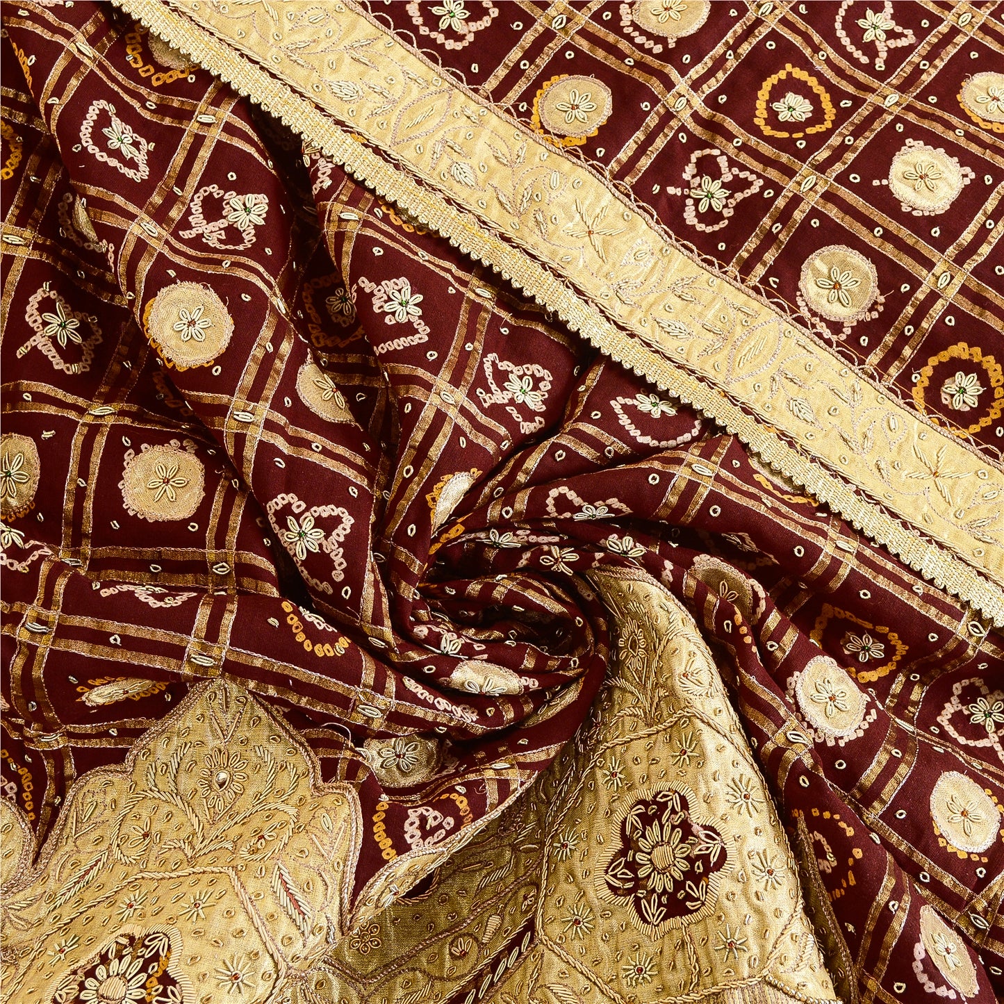 Sanskriti Vintage Red Dupatta Pure Cotton Hand Beaded Bandhani Zari Gujrat Stole