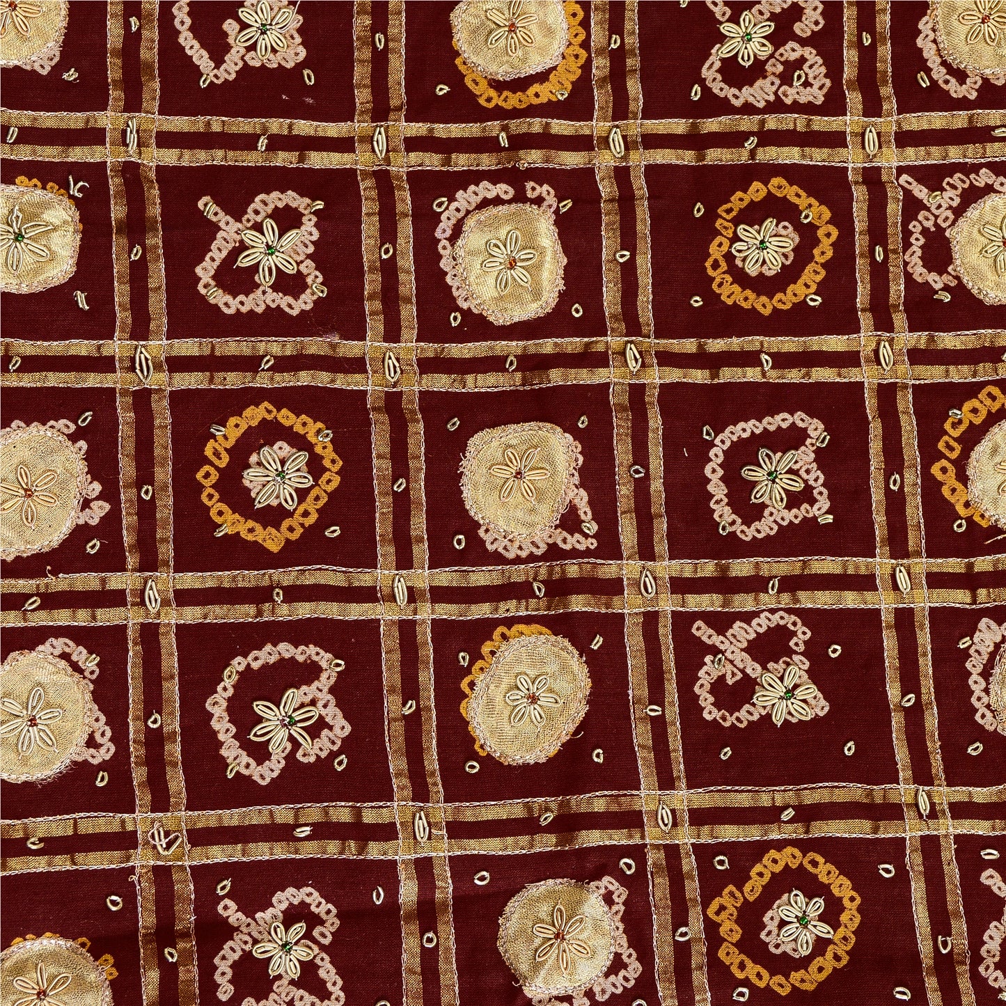 Sanskriti Vintage Red Dupatta Pure Cotton Hand Beaded Bandhani Zari Gujrat Stole