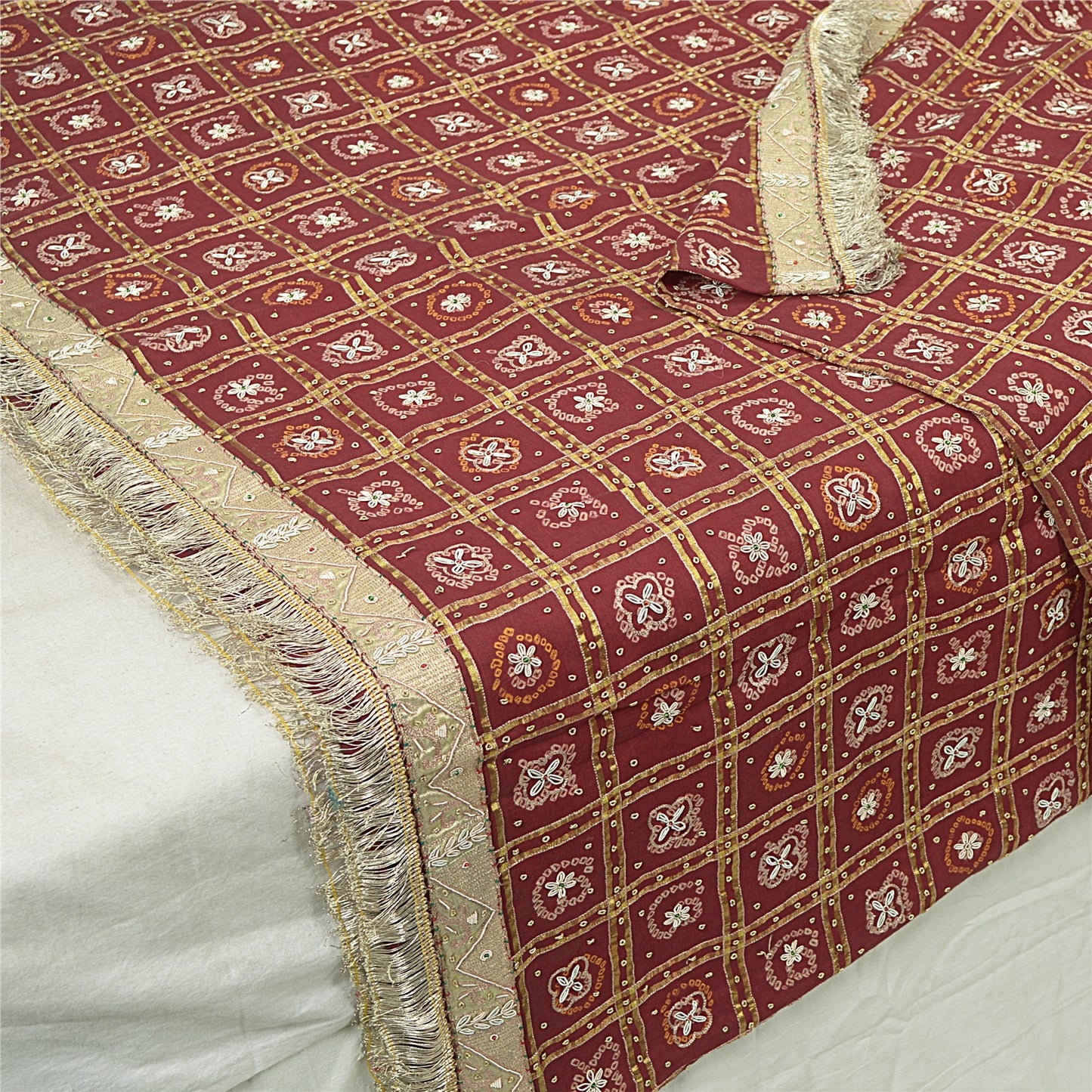 Sanskriti Vintage Dupatta Pure Cotton Handmade Bandhani Gharchola Woven Stole