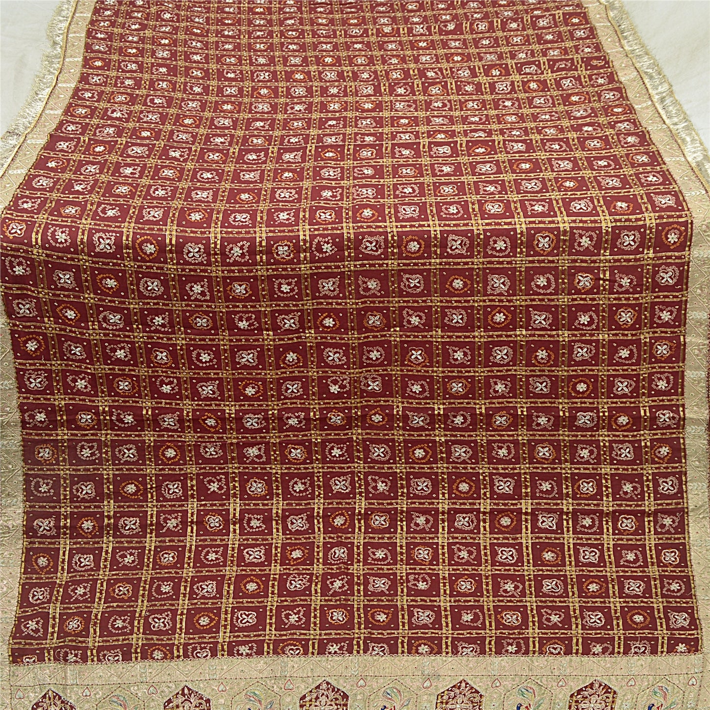 Sanskriti Vintage Dupatta Pure Cotton Handmade Bandhani Gharchola Woven Stole