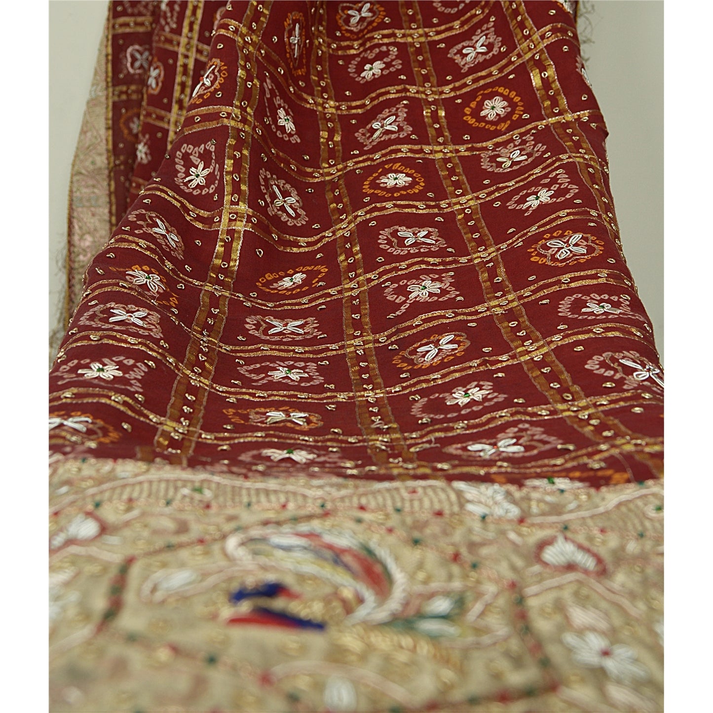 Sanskriti Vintage Dupatta Pure Cotton Handmade Bandhani Gharchola Woven Stole