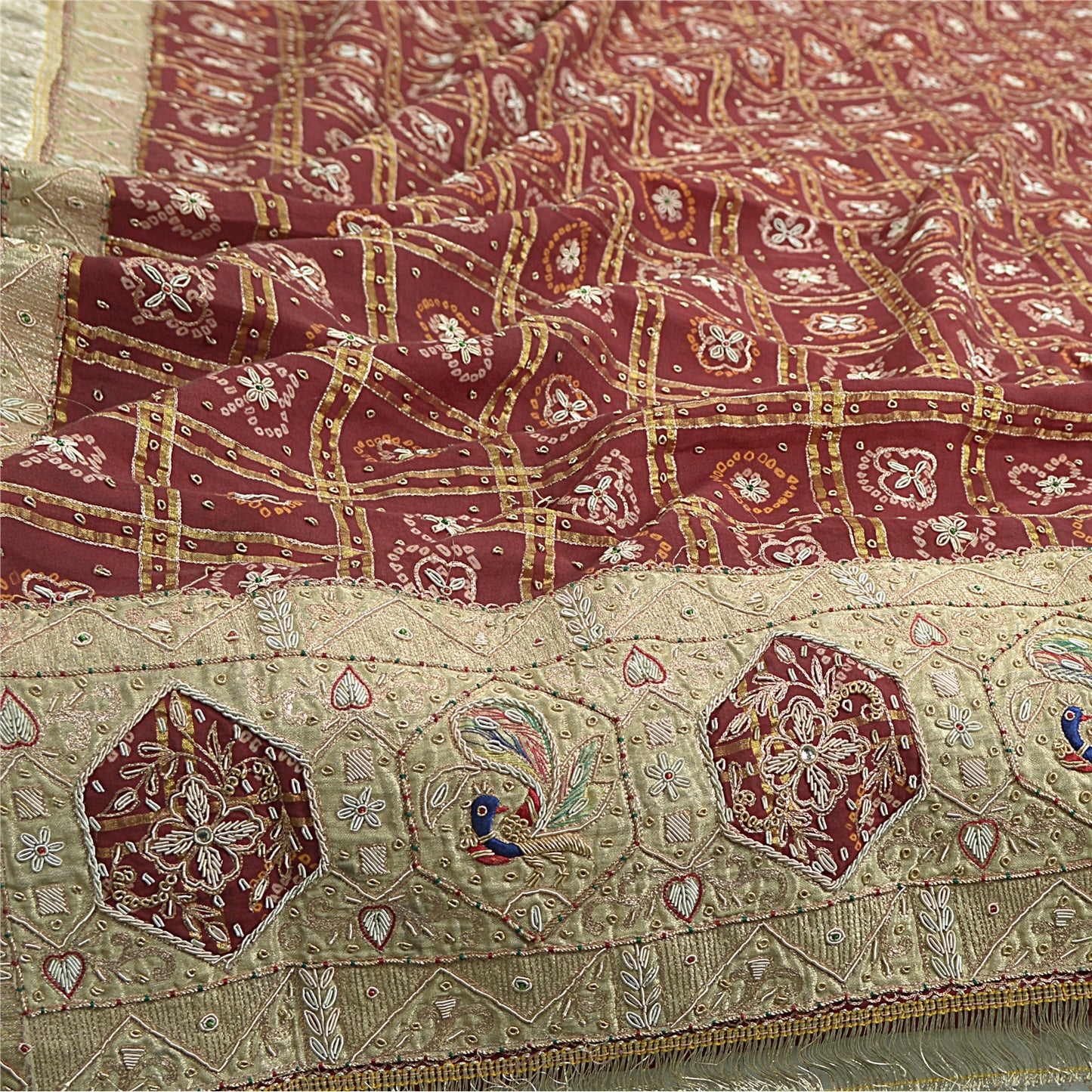 Sanskriti Vintage Dupatta Pure Cotton Handmade Bandhani Gharchola Woven Stole