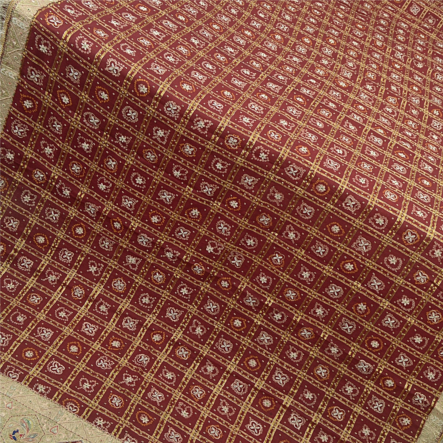 Sanskriti Vintage Dupatta Pure Cotton Handmade Bandhani Gharchola Woven Stole