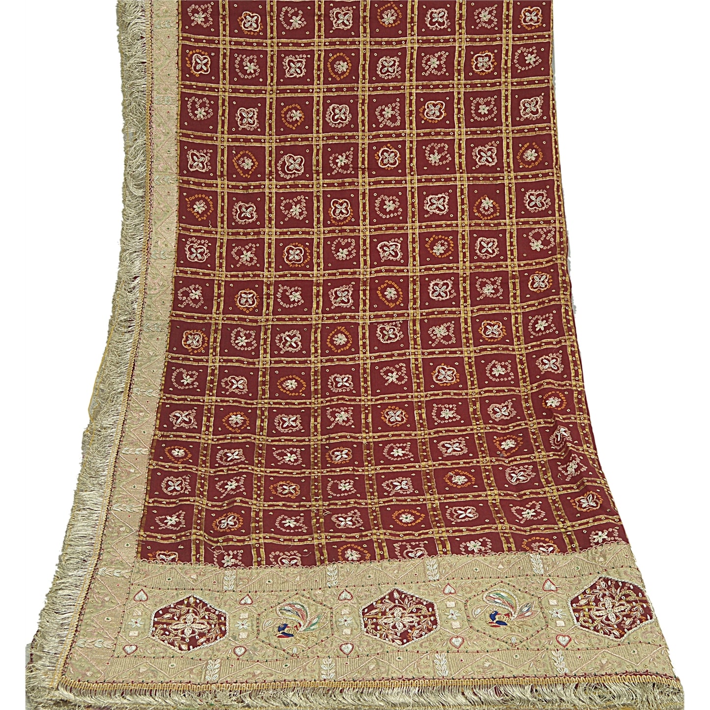 Sanskriti Vintage Dupatta Pure Cotton Handmade Bandhani Gharchola Woven Stole