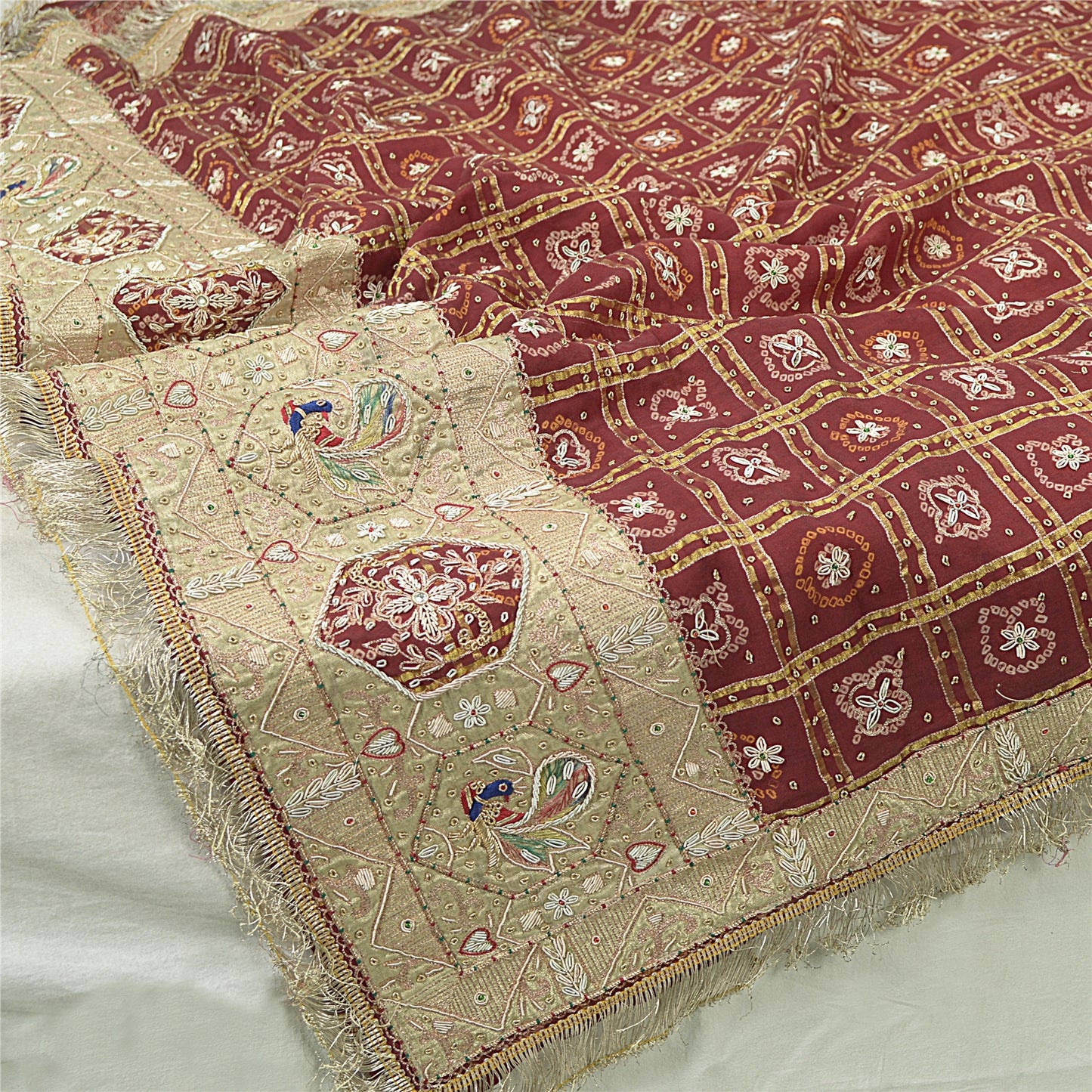 Sanskriti Vintage Dupatta Pure Cotton Handmade Bandhani Gharchola Woven Stole