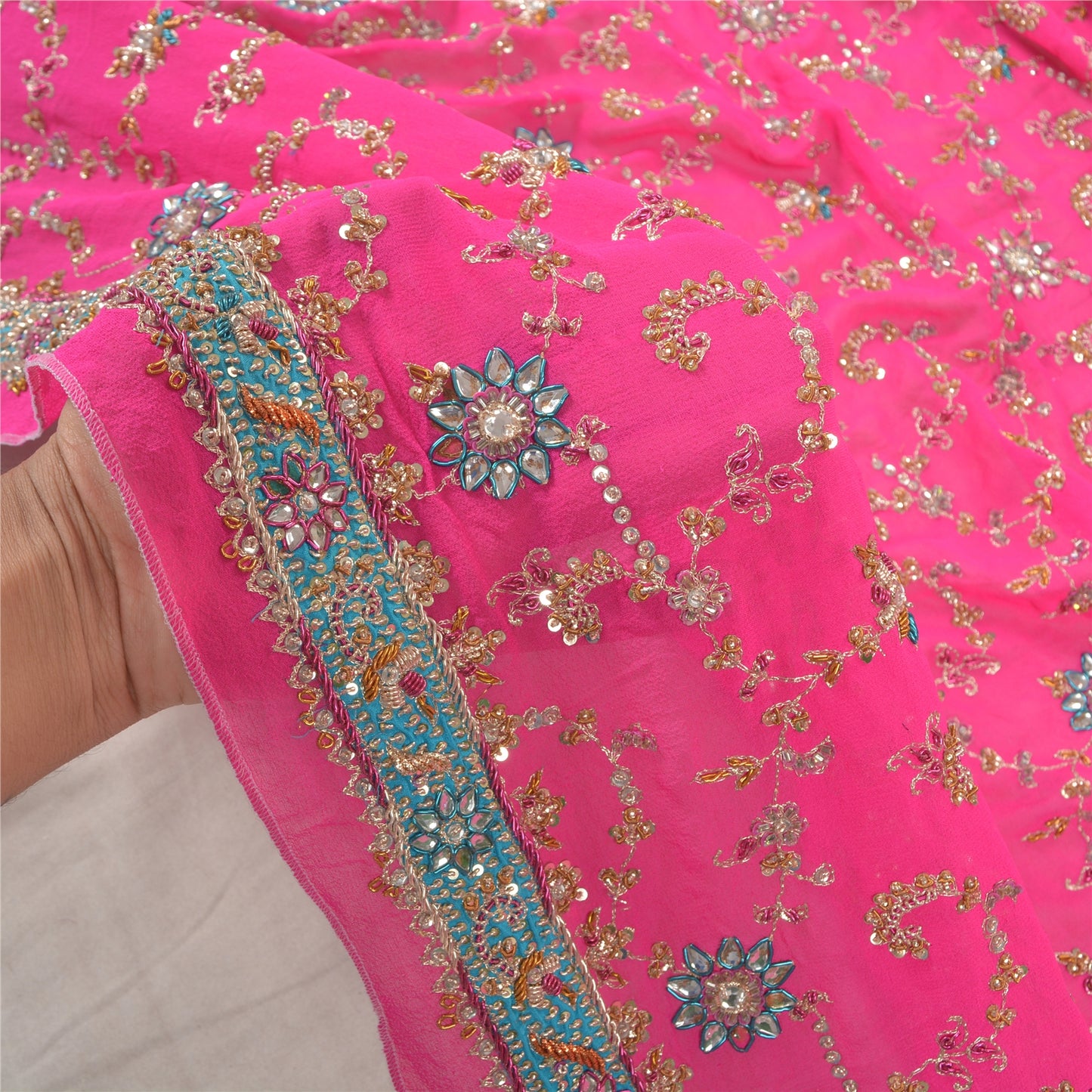 Sanskriti Vintage Party Dupatta Pure Georgette Pink Zardozi Hand Beaded Stole