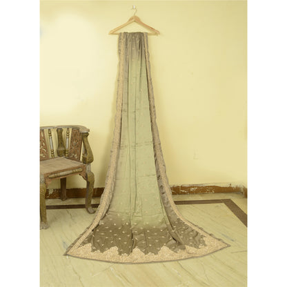 Sanskriti Vintage Grey Dupatta 100% Pure Satin Silk Grey Hand Beaded Party Stole